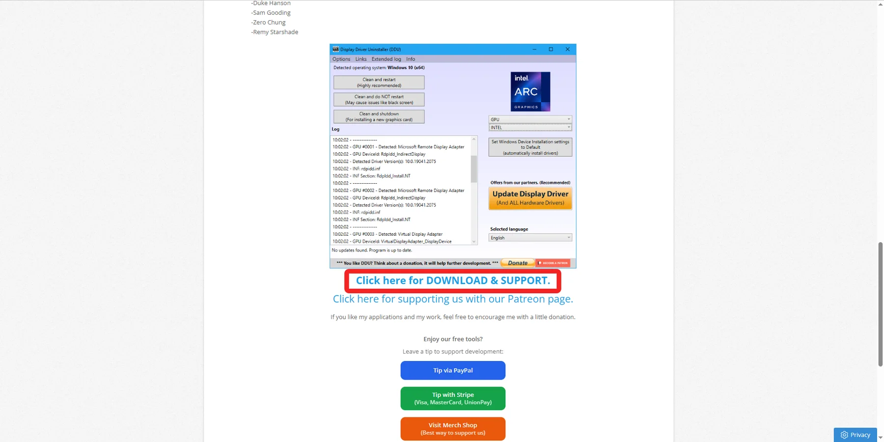 DDU ダウンロード画面 Click here for DOWNLOAD & SUPPORT.