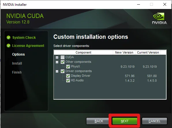 Options => Component